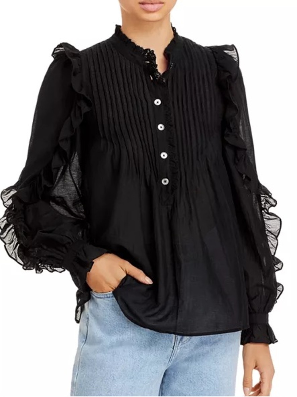 Zadig & Voltaire Victorian Romantic Black Pleated Ruffled Lace Top Blouse S